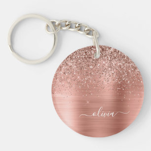 Rose Gold Rosa Glitzer gebürstetes Metal Monogramm Schlüsselanhänger
