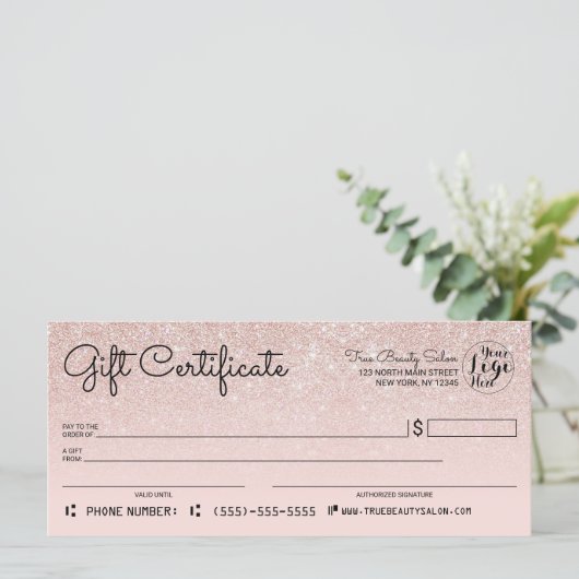 Rose Gold Rosa Glitzer Karo Geschenkgutschein (Stehend Vorderseite)