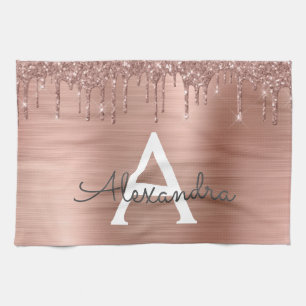 Rose Gold - Rosa Glitzer Metal Monogramm Name Geschirrtuch