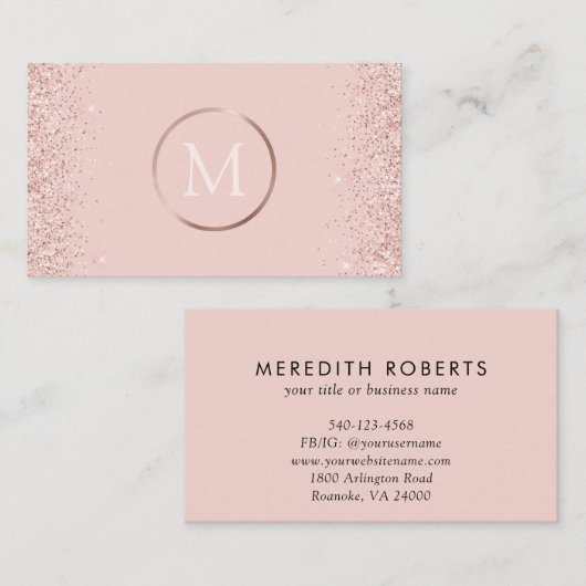 Rose Gold Rosa Glitzer Monogram Visitenkarte (Vorne/Hinten)