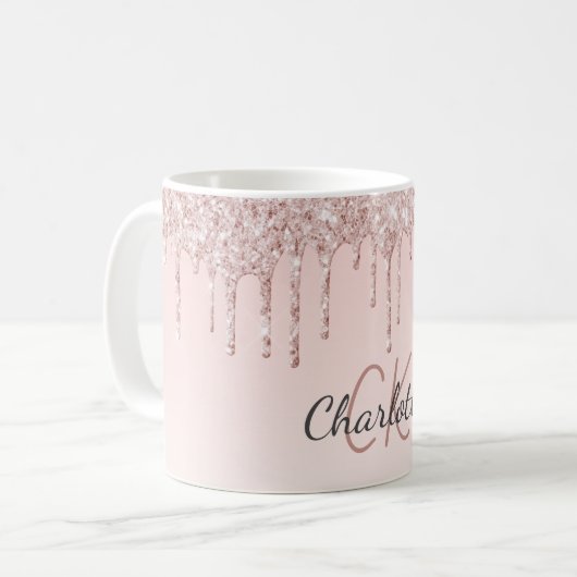Rose Gold Rosa Glitzer Monogramm Luxus-Initialen Kaffeetasse (Vorderseite Links)