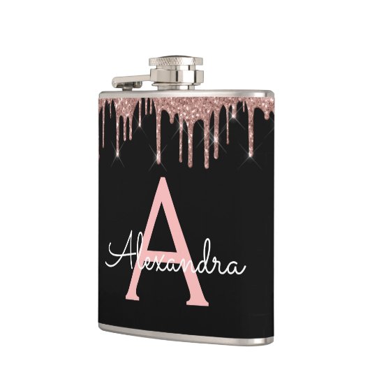 Rose Gold - Rosa Glitzer Monogramm Name Flachmann (Links)