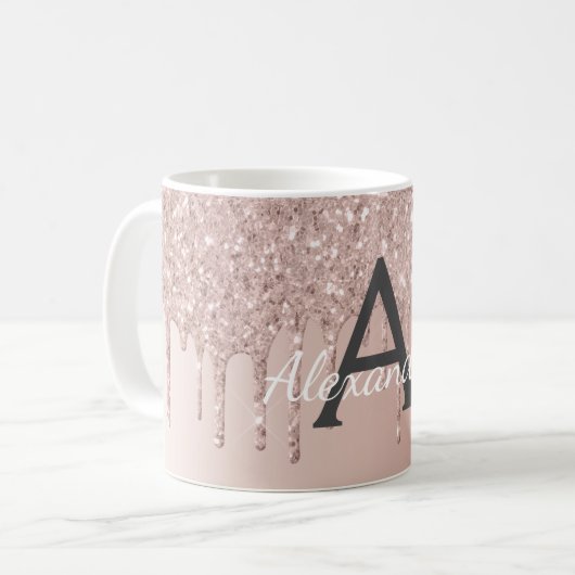 Rose Gold - Rosa Glitzer Monogramm Name Kaffeetasse (Vorderseite Links)