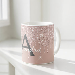 Rose Gold - Rosa Glitzer Monogramm Name Kaffeetasse