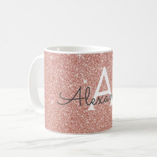 Rose Gold - Rosa Glitzer Monogramm Name Kaffeetasse (Vorderseite Links)