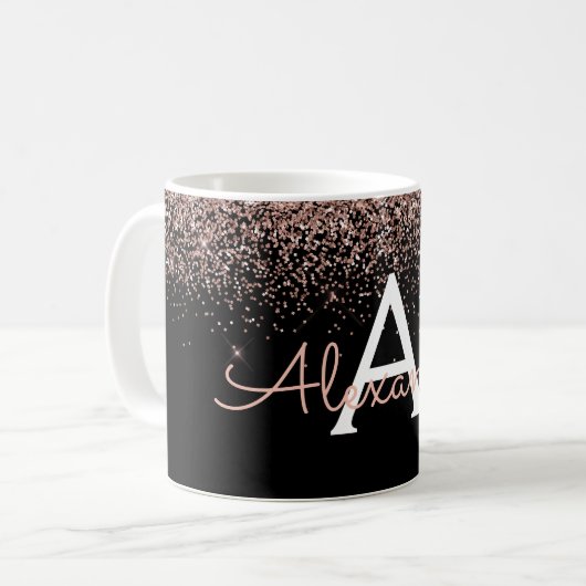 Rose Gold - Rosa Glitzer Monogramm Name Kaffeetasse (Vorderseite Links)