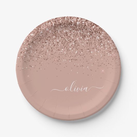 Rose Gold - Rosa Glitzer Monogramm Name Pappteller (Vorderseite)