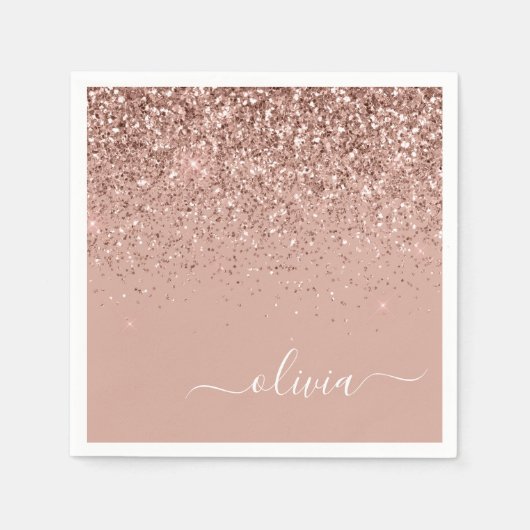 Rose Gold - Rosa Glitzer Monogramm Name Serviette (Vorderseite)