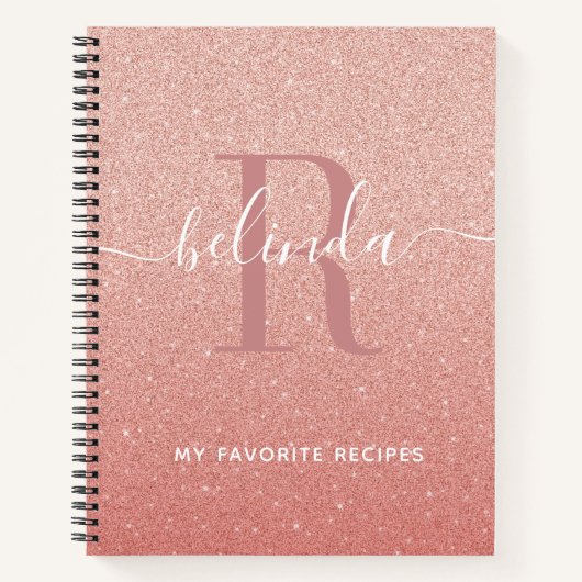 Rose Gold Rosa Glitzer Monogramm Rezept Kochbuch Notizblock (Vorderseite)