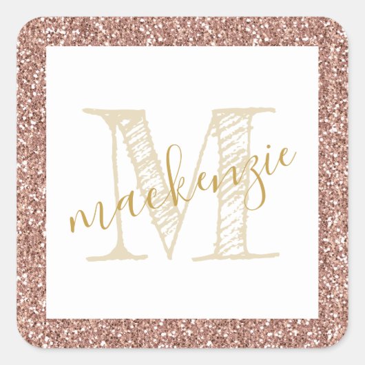 Rose Gold Rosa Glitzer Name Etikett Quadratischer Aufkleber (Vorderseite)