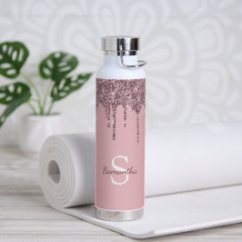 Rose Gold Rosa Glitzer Sparkeln Tropfen Monogramm  Trinkflasche