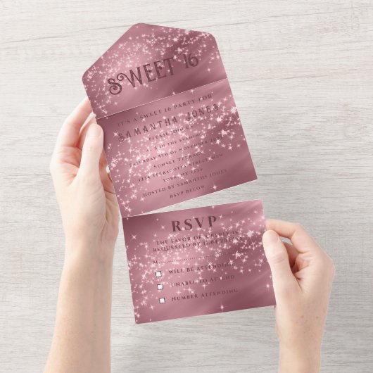 Rose Gold Rosa Glitzer Sparkle Moderne Süße 16 All In One Einladung (Abreißen)