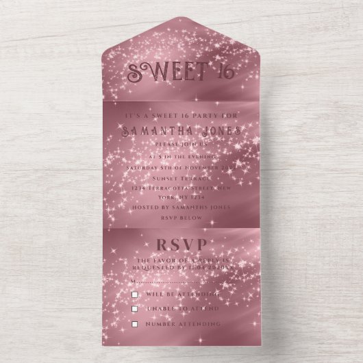 Rose Gold Rosa Glitzer Sparkle Moderne Süße 16 All In One Einladung (Innen Boden)