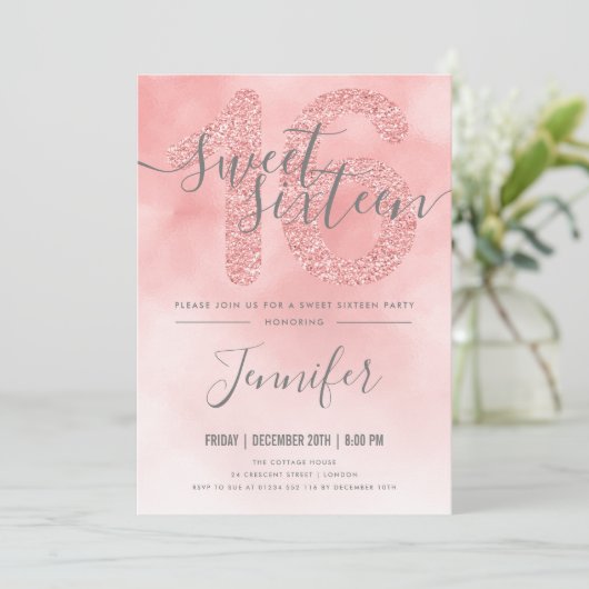 Rose Gold Rosa Glitzer Süß 16 Einladung (Stehend Vorderseite)