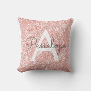 Rose Gold Rosa Glitzer und Sparkronen Monogramm Kissen