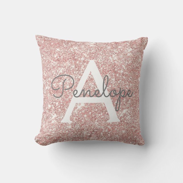 Rose Gold Rosa Glitzer und Sparkronen Monogramm Kissen (Vorderseite)