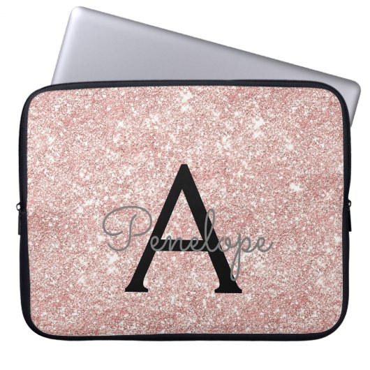 Rose Gold Rosa Glitzer und Sparkronen Monogramm Laptopschutzhülle (Vorderseite)