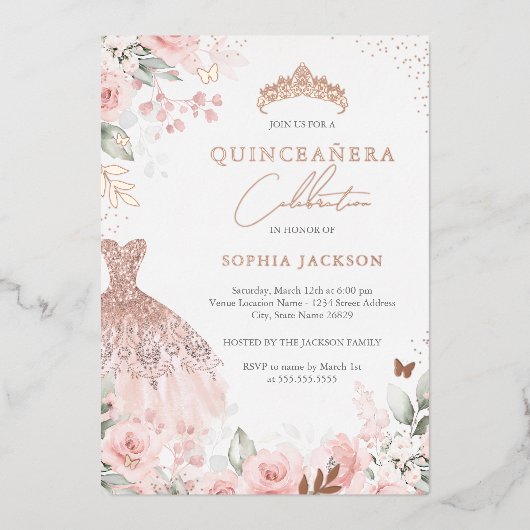 Rose Gold Rosa Kleid Floral Quinceanera Folieneinladung (Vorderseite)