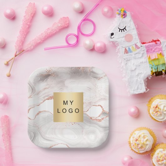 Rose Gold Rosa Marmor Firmenlogo Pappteller (Party)