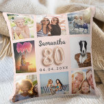 Rose Gold Rosa Rosa Foto Collage Kissen<br><div class="desc">Ein einzigartiges Geschenk für einen 80. Geburtstag, das ihr Leben mit einer Collage von 8 eigenen Fotos, Bildern feiert. Personalisieren und fügen Sie ihren Namen und ein Datum. Eine schicke Rose Gold, rötlich rosa Hintergrund. Der Name ist mit einem modernen handgeschriebenen Stil-Skript geschrieben, Nummer 80 mit einem Schriftart im Ballonstil....</div>