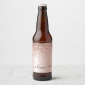Rose Gold - Rosa Rosa Glitzer Metal Monogramm Name Bierflaschenetikett (Vorderseite)