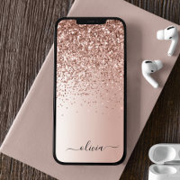 Rose Gold - Rosa Rosa Glitzer Metal Monogramm Name