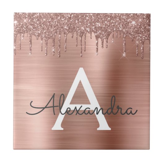 Rose Gold - Rosa Rosa Glitzer Metal Monogramm Name Fliese (Vorderseite)