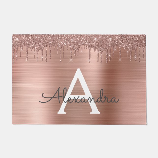 Rose Gold - Rosa Rosa Glitzer Metal Monogramm Name Fußmatte (Vorderseite)