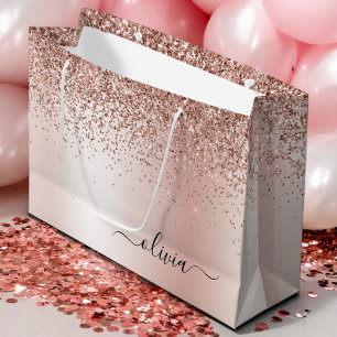 Rose Gold - Rosa Rosa Glitzer Metal Monogramm Name Große Geschenktüte