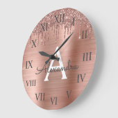 Rose Gold - Rosa Rosa Glitzer Metal Monogramm Name Große Wanduhr (Winkel)