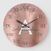 Rose Gold - Rosa Rosa Glitzer Metal Monogramm Name Große Wanduhr (Vorderseite)