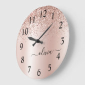 Rose Gold - Rosa Rosa Glitzer Metal Monogramm Name Große Wanduhr (Winkel)