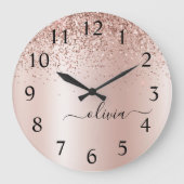 Rose Gold - Rosa Rosa Glitzer Metal Monogramm Name Große Wanduhr (Vorderseite)