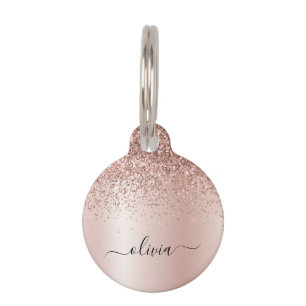 Rose Gold - Rosa Rosa Glitzer Metal Monogramm Name Haustiermarke