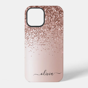 Rose Gold - Rosa Rosa Glitzer Metal Monogramm Name iPhone 12 Hülle
