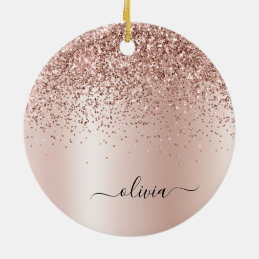 Rose Gold - Rosa Rosa Glitzer Metal Monogramm Name Keramik Ornament (Hinten)