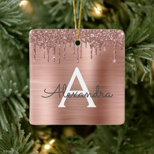 Rose Gold - Rosa Rosa Glitzer Metal Monogramm Name Keramikornament (Baum)