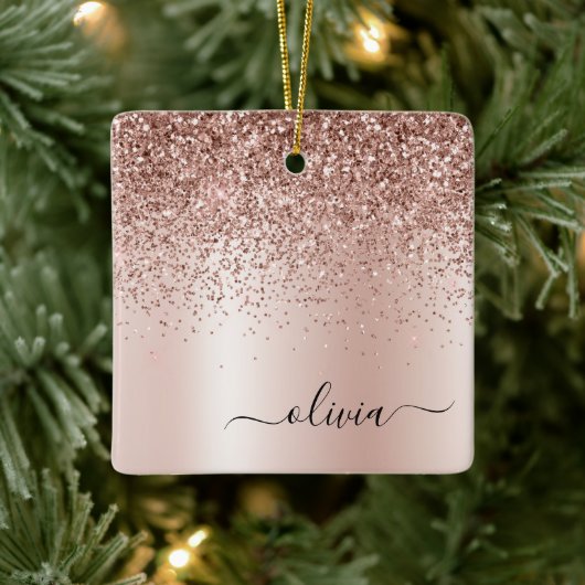 Rose Gold - Rosa Rosa Glitzer Metal Monogramm Name Keramikornament (Baum)
