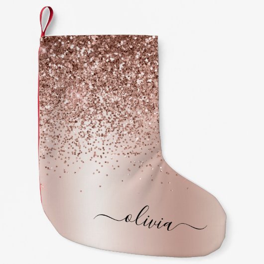 Rose Gold - Rosa Rosa Glitzer Metal Monogramm Name Kleiner Weihnachtsstrumpf (Vorderseite)