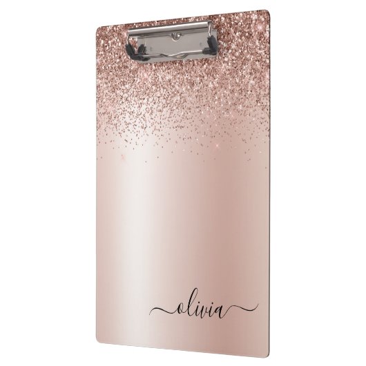 Rose Gold - Rosa Rosa Glitzer Metal Monogramm Name Klemmbrett (Links)