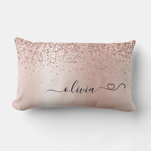 Rose Gold - Rosa Rosa Glitzer Metal Monogramm Name Lendenkissen (Vorderseite)