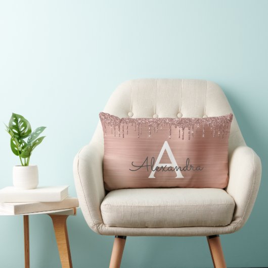 Rose Gold - Rosa Rosa Glitzer Metal Monogramm Name Lendenkissen (Stuhl )