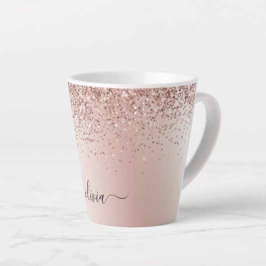 Rose Gold - Rosa Rosa Glitzer Metal Monogramm Name Milchtasse (Rechte Ecke)