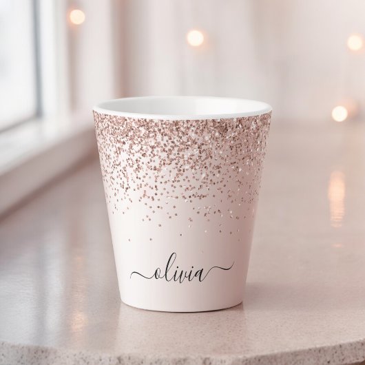 Rose Gold - Rosa Rosa Glitzer Metal Monogramm Name Milchtasse