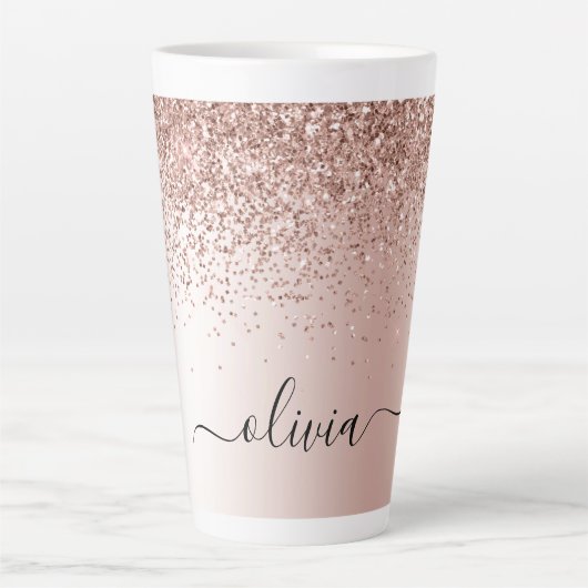 Rose Gold - Rosa Rosa Glitzer Metal Monogramm Name Milchtasse (Vorderseite)
