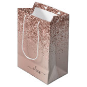 Rose Gold - Rosa Rosa Glitzer Metal Monogramm Name Mittlere Geschenktüte (Vorderseite Schrägansicht)