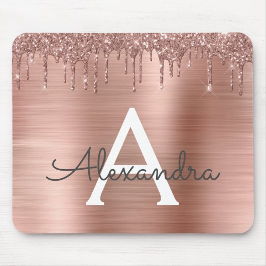 Rose Gold - Rosa Rosa Glitzer Metal Monogramm Name Mousepad (Vorne)