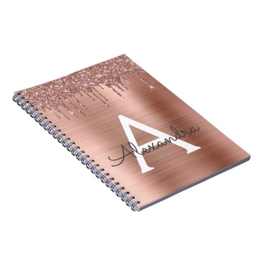 Rose Gold - Rosa Rosa Glitzer Metal Monogramm Name Notizblock (Rechte Seite)