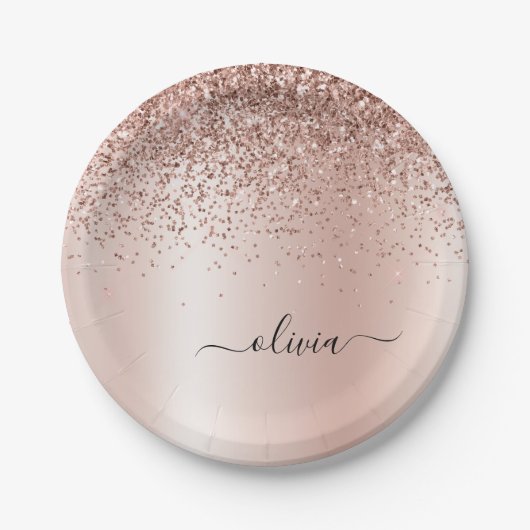 Rose Gold - Rosa Rosa Glitzer Metal Monogramm Name Pappteller (Vorderseite)