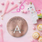 Rose Gold - Rosa Rosa Glitzer Metal Monogramm Name Pappteller (Party)